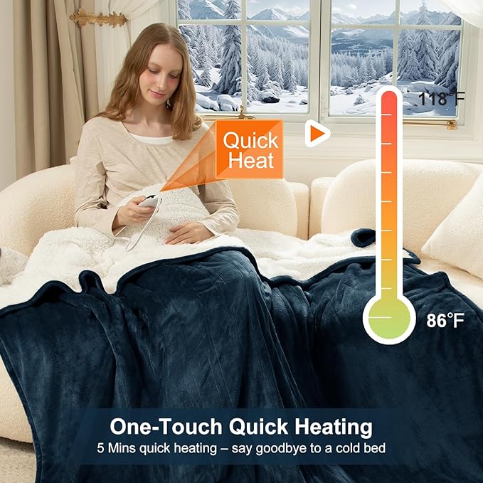 Heating Blanket Full Size - 72" x 84" Flannel Sherpa Heated Blanket with Fast Heating, 6 Heating Levels, 1-10 Hours Timer Settings, Overheat Protection, Washable Electric Blanket, Navy