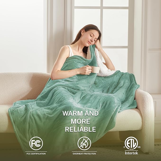 Heat Blanket 72”x84” Full Size,Soft Flannel & Sherpa Reversible Electric Blanket with 10 Heat Settings,12 Timer Setting and 8 Hours Auto-Shut Off,ETL Certified Machine Washable,Green