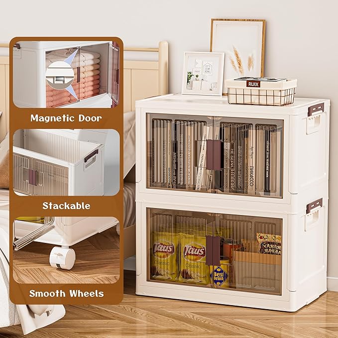 45GAL/180QT 3 tier large stackable storage bins with lid and wheels, collapsible storage bins plastic with doors，suit for clothes, closet, home and office