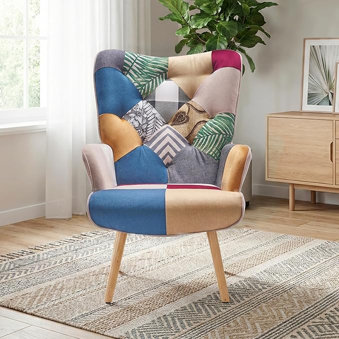 Joysoul Living Room Accent Chair Modern High Back Arm Chair, Colorful Plaid Bohemian Style Chairs for Bedroom Waiting Room