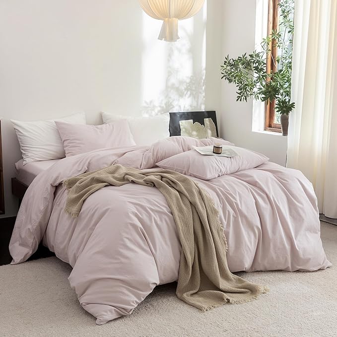 FOSSA Duvet Cover Set 100% Washed Cotton Linen Feel Super Soft Breathable Cozy 3 Pieces Bedding Sets Solid Greyish Pink Queen
