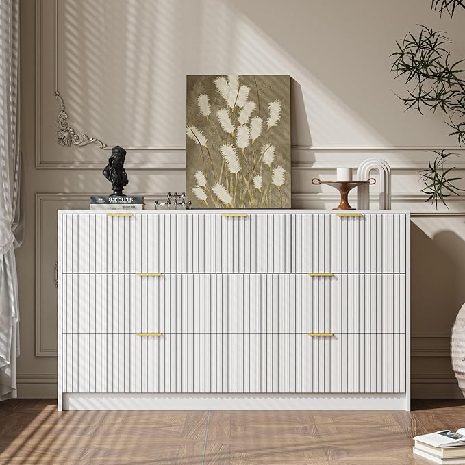 White 7 Drawer Dresser for Bedroom, 55.9" Wide Modern Fluted Dresser with Gold Metal Handles, Wide Chest of Drawers for Bedroom, Living Room, Entryway, Hallway
