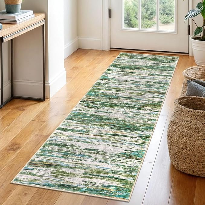 2x6 Modern Abstract Runner Rug for Hallway, Green Grey Multi Super Soft Hallway Decor Kitchen Rugs with Non-Slip, Non-Shedding Washable Rug for Entryway Bedroom Laundry Indoor