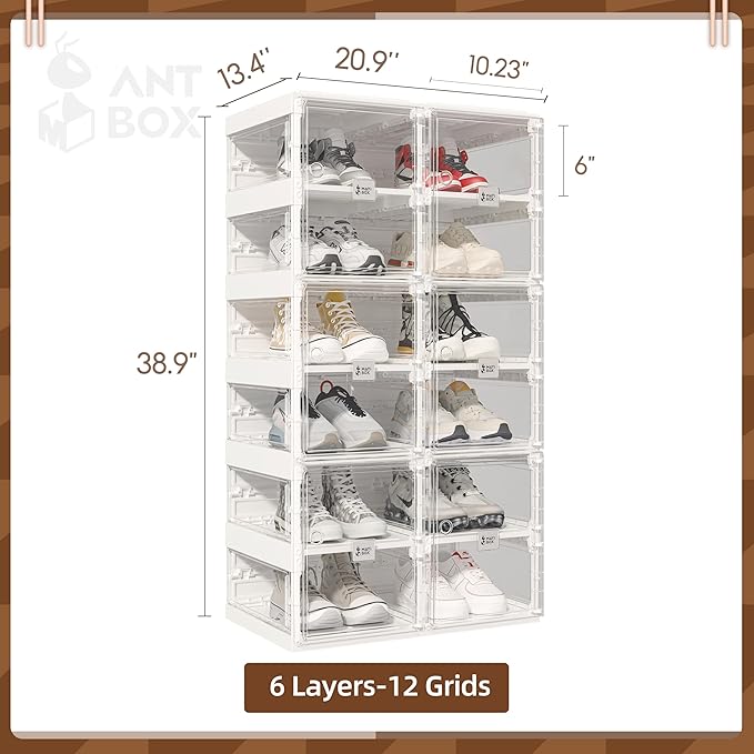ANTBOX Foldable Shoe Rack,Shoe Organizers for Closet Plastic Shoe Storage Box Space Saving for Entryway, Large Sturdy Stackable Sneaker Cabinet Bins with Magnetic Clear Door 6 Tiers 12 Pairs