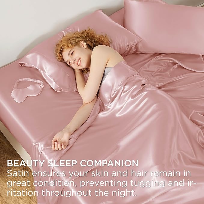 Bedsure Satin Sheets Queen Size - 4 Piece Silky Bedsheets with 15 Inches Deep Pocket Fitted Bedsheet,1 Flat Sheet, 2 Satin Pillowcases, Good for Hair & Skin (Queen, Blush Pink)
