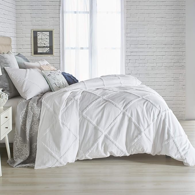 Chenille Lattice 100% Cotton Duvet Cover, King, White
