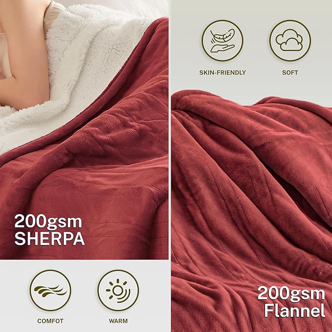 Heat Blanket 62”x84” Twin Size,Soft Flannel & Sherpa Reversible Electric Blanket with 10 Heat Settings,12 Timer Setting and 8 Hours Auto-Shut Off,ETL Certified Machine Washable,Red