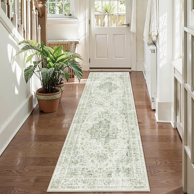 2x6 Hallway Washable Runner Rug Vintage Non-Slip Soft Kitchen Mat Boho Medallion Distressed Farmhouse Carpet Floral Low Pile Indoor Throw Rug for Entryway Bathroom Living Room Bedroom, Green
