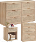 LEYAOYAO Rattan Dresser and Nightstand Set of 3, Boho Wood Dresser for Bedroom with 6 Drawers and Night Stand with Charging Station, Bedroom Furniture, Dressers & Chests of Drawers,Hallway,Living Room