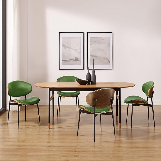 Art Leon Dining Chairs Set of 4, Walnut Bentwood, Mid Century Modern Chair, Green Faux Leather Kitchen Dining Room Chairs with Black Metal Legs, Accent Chairs for Bedroom
