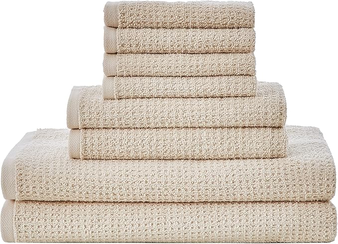 Nautica - Bath Towels, 100% Soft & Absorbent Cotton with Waffle Texture, Highly Absorbent & Quick Dry, Medium Weight Bathroom Towels (Oasis Beige, 8 Piece)