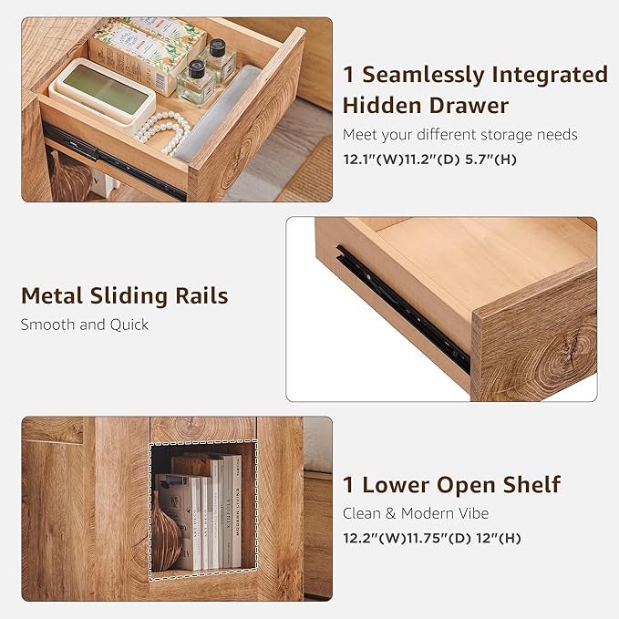 OKD 24" Modern Nightstand with Charging Station, Large Wood Bedside Table w/Hidden Drawers & Open Storage Shelf, Rustic End Table for Bedroom,Living Room,Light Tree Knot