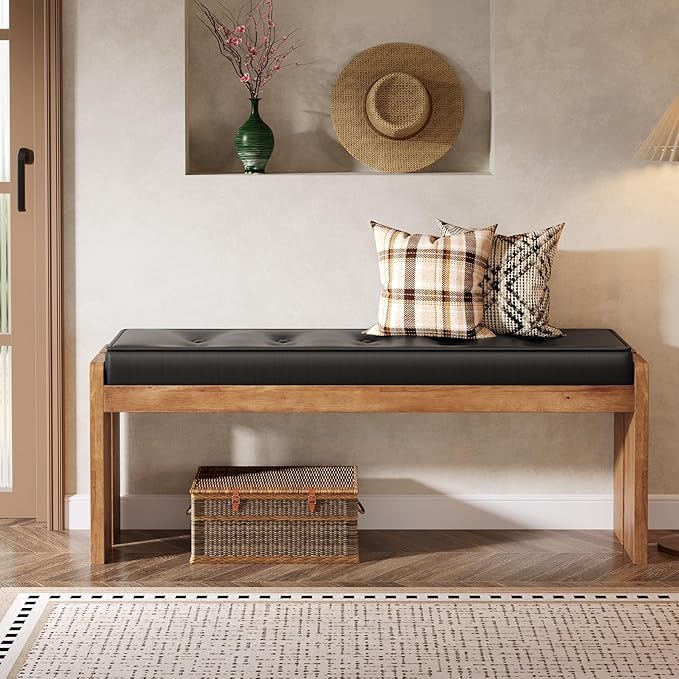 47-Inch Solid Wood Entryway Bench, Modern End of Bed Bench with Button-Tufted Leather Pad and Wooden Legs, for Living Room, Bedroom, Kitchen, Hallway, Black & Brown