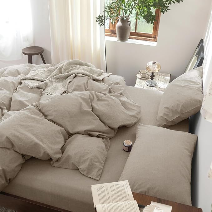 FOSSA Duvet Cover Set 100% Washed Cotton Linen Feel Super Soft Breathable Cozy 3 Pieces Bedding Sets Solid Tannish Linen Grey Queen