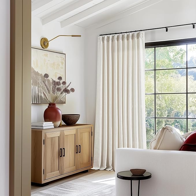 Extra Wide Pinch Pleat Curtains 120 Inches Long for Patio Sliding Glass Door Natural Linen 60 Inch Wide Curtain Memory Trained Pleated Drapes Hooks Rings 60x120 Curtain for Large Window 1 Panel