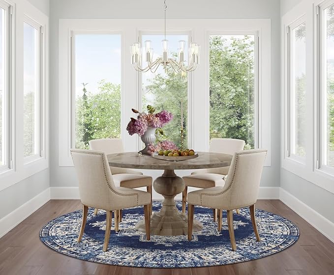vivorug Round Rug 6ft Vintage Round Area Rug Non-Slip Indoor Carpet for Living Room Bedroom Entryway, Stain Resistant Home Decor Circle Rug, Navy Blue