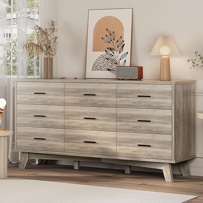 Dresser for Bedroom, 9 Drawer Wide Modern Chest of Drawers with X-Shaped Sturdy Base, Wood Double Dresser Closet Clothes Storage Organizer, Wooden TV Stand for Living Room, Hallway, Grey