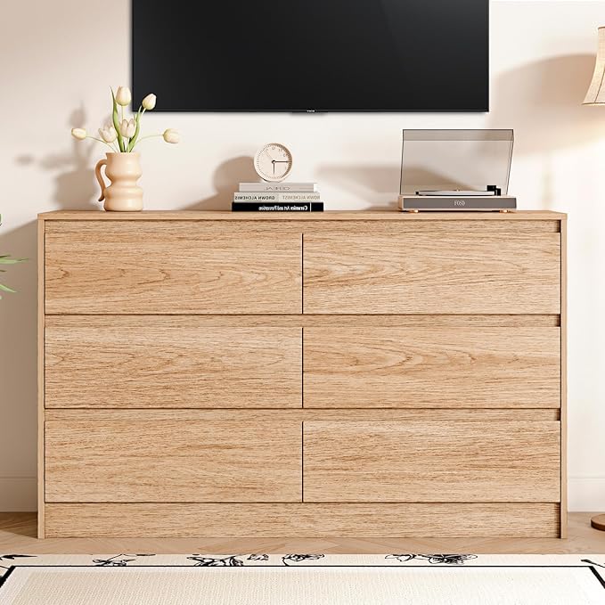 6 Drawer Dresser,47" Wide Mid Century Chest of Drawers,Wooden Bedroom Drawer Dresser with 6 Storage Drawers for Bedroom,Living Room,with Anti-Tipping Device,Natural