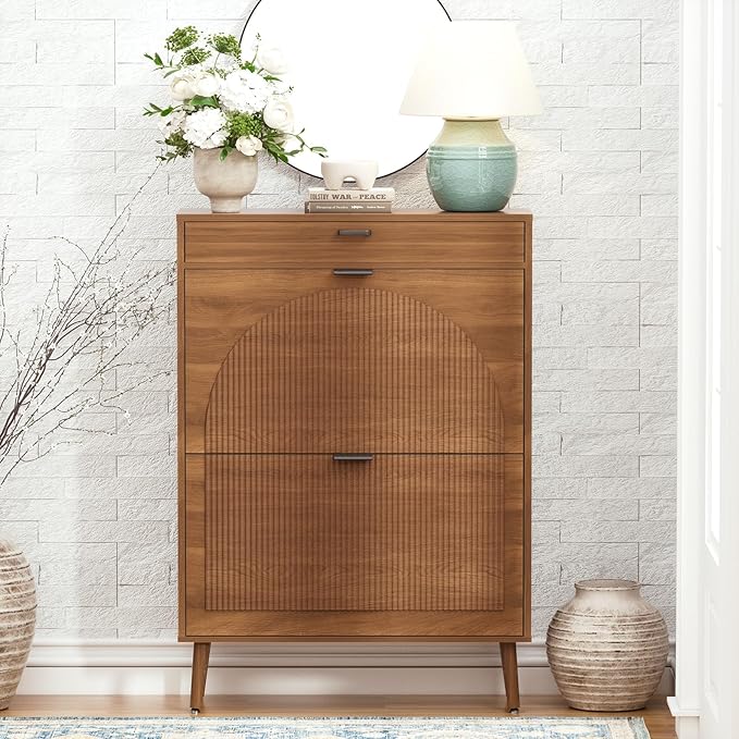 Yechen Shoe Storage Cabinet with 2 Flip Drawers& 1 Small Drawer, Slim Entryway Shoe Organizer with Fluted Wavy Doors for Hallway,Walnut