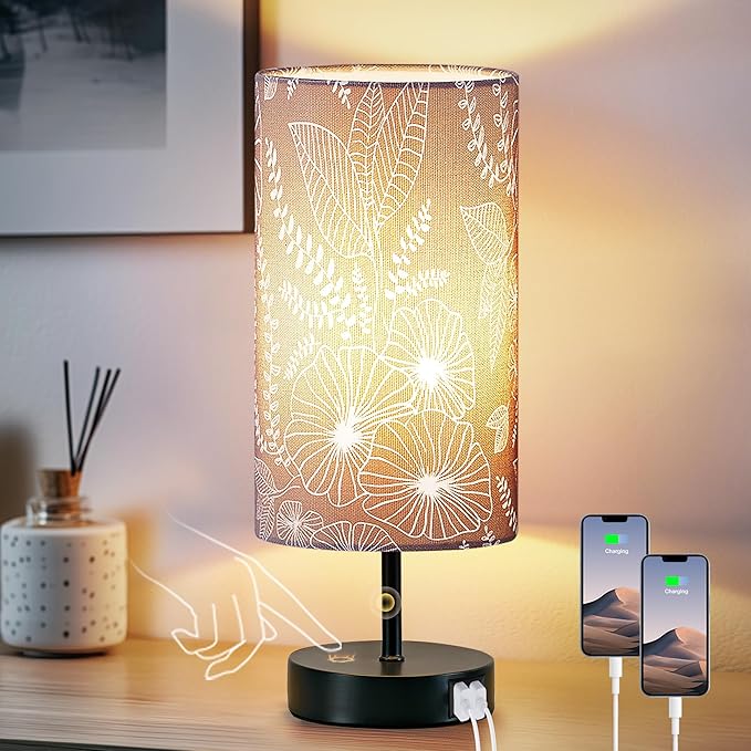 Bedside Table Lamp with 2 USB Ports, Modern Touch Control Desk Lamp with Round Flower Flaxen Fabric Shade, 3 Way Dimmable Small Nightstand Lamp for Bedrooms Living Room Dorm Gray Decor(Bulb Included)
