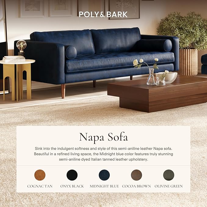 Poly & BARK Napa 88.5" Leather Sofa – Full-Grain Italian-Tanned Aniline Leather, Feather-Down Comfort, Solid Wood Frame, Walnut Legs, Midnight Blue