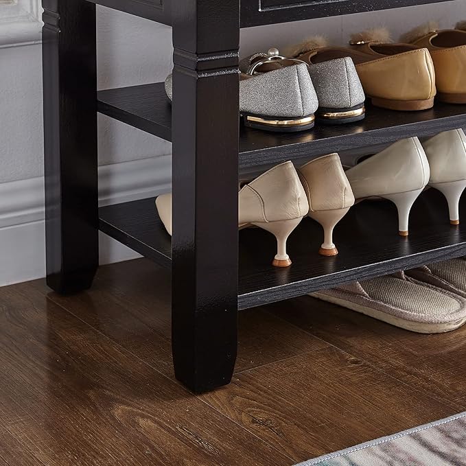 Shoe Storage Bench with Cushion, Entry Bench with Storage Solid Wood Shoe Bench Ideal for Entryway Living Room and Corridor (Brown, 31.5'')