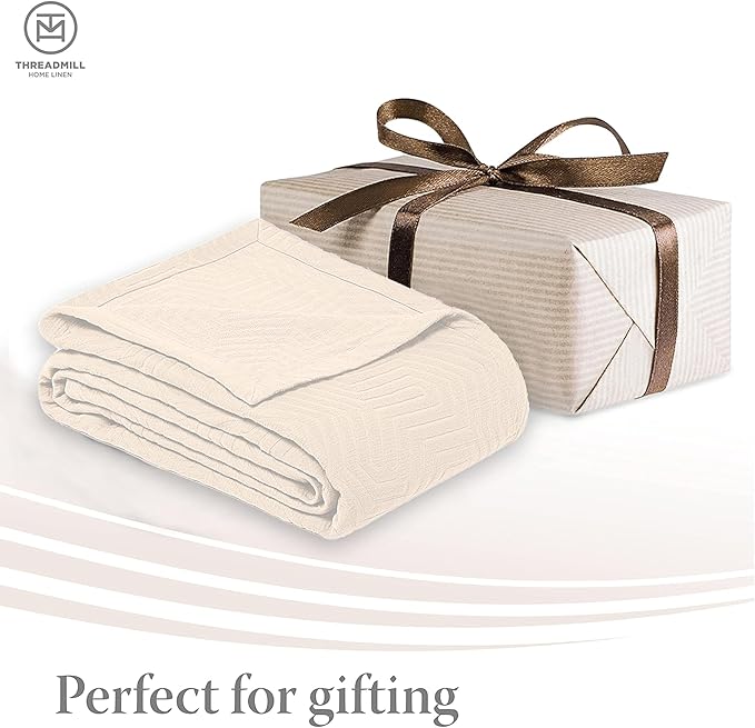 Threadmill Luxury Cotton Blankets for Queen Size Bed | All-Season 100% Cotton Queen Size Blanket | Aster Jacquard Cozy Lightweight, Soft Breathable Coverlet fits Full Size Bed, 90x92 | Vanilla Cream