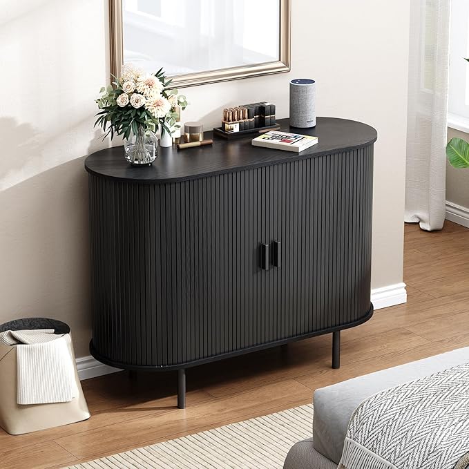 Buffet Cabinet with Storage, 40" Fluted Sideboard Buffet with Sliding Door, Coffee Bar Cabinet with Adjustable Shelf, Console Table, Accent Table for Entryway, Kitchen, Dining Room, Black