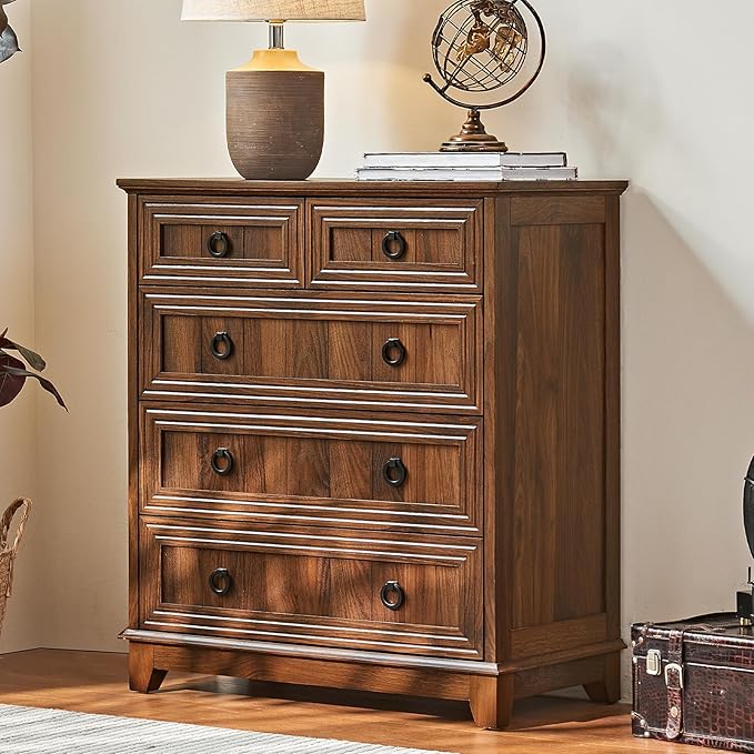 Farmhouse 5 Drawer Dresser for Bedroom, 33.2" Tall Small Dressers & Chest of Drawers, Rustic Wood Dresser with Metal Handle, Storage Organizer Closet for Living Room, Hallway, Entryway