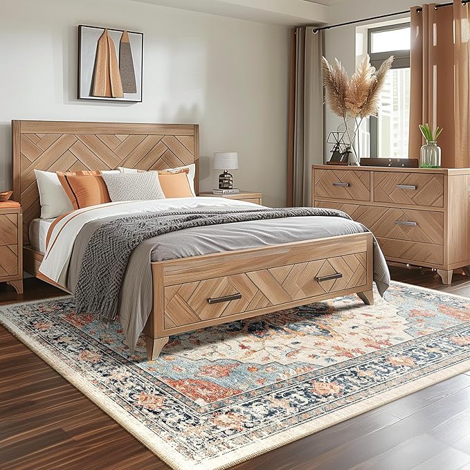 Area Rugs Square 4ft Washable Non-Slip, Floral Vintage Distress Print Pattern Medallion Carpet for Living Room Bedroom Dining Room, Beige Navy Blue Orange Colorful