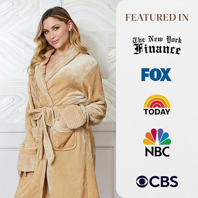 Lotus Linen Plush Robes for Women - Soft Bathrobe, Custom Monogram, Warm Fleece Robe with Pockets