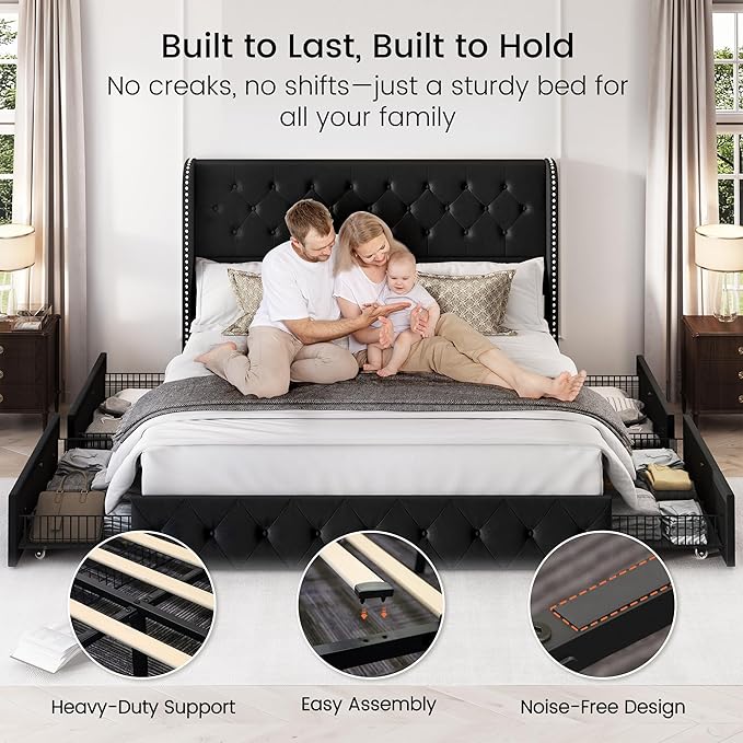 LARMACE King Size Bed Frame with 4 Storage Drawers and Tufted Headboard Velvet Upholstered Platform Bed Frame Wingback Beds with Wooden Slats Support, Easy Assembly, Black