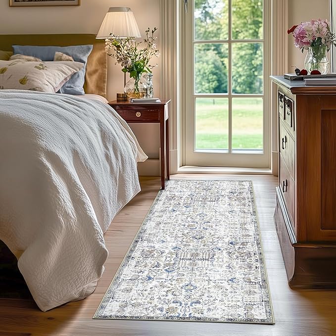 jinchan Kalen Runner Rug 2x6 Washable Hallway Rug Vintage Indoor Thin Retro Floor Cover Distressed Floral Country Lightweight Non Slip Carpet for Entryway Bathroom Kitchen Bedroom Living Room Blue