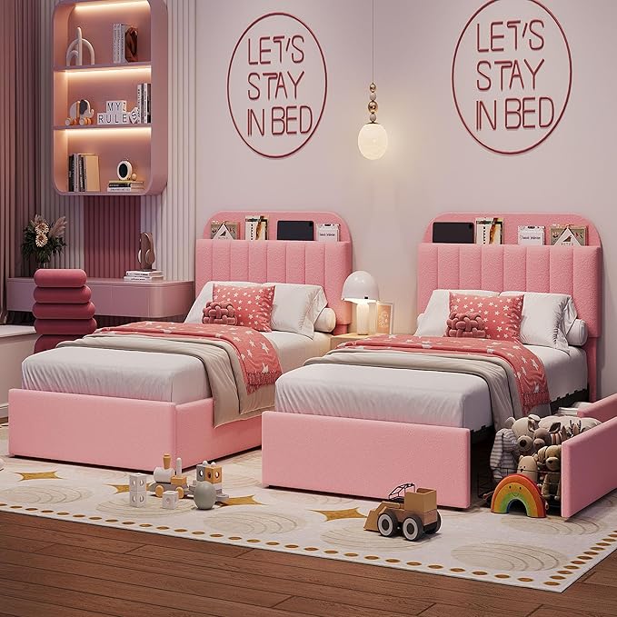 Twin XL Bed Frame with Storage Headboard and 2 Drawers, Boucle Upholstered Platform Bed with Bookcase, Modern Kids Twin XL Bed Frames for Small Rooms, No Box Spring Needed, Easy Assembly, Light Pink