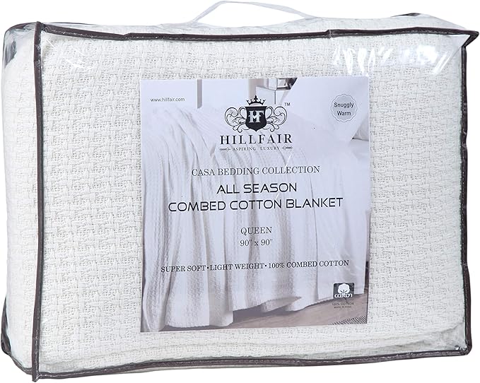 HILLFAIR 100% Combed Cotton Blanket– Twin XL Bed Blanket– Soft Cozy Warm Multipurpose Throws for Luxury Home Decor– 66 x 90 inch Twin XL Size Cotton Blankets for Bed Blankets for All Season- Ivory