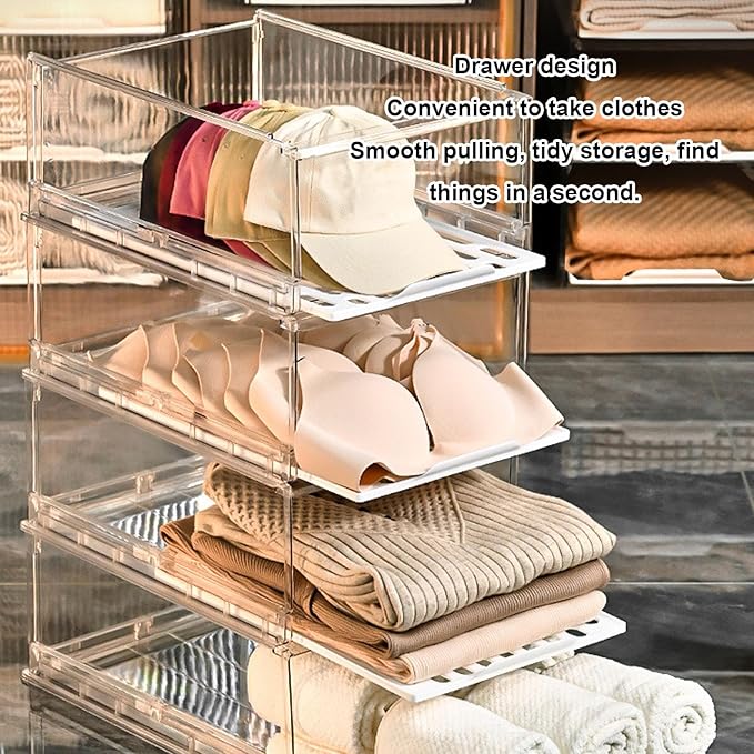 JTLB Sturdy PET Closet Storage Box Transparent Stackable Drawer Organizer with Anti-Slip Bottom Closet Organizer, for Wardrobe, Bedroom, Kitchen