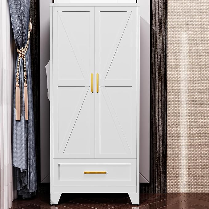 Metal Armoire Wardrobe Closet,71" Tall White Storage Cabinet with Hanging Rod,1 Drawers & 1 Adjustable Shelves,Heavy-Duty Steel Wardrobe for Bedroom, Garage, and Office