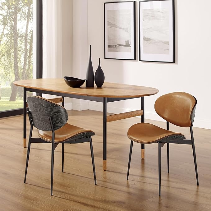 Art Leon Dining Chairs Set of 4, Grey Oak Bentwood, Mid Century Modern Chair, Orange Faux Leather Kitchen Dining Room Chairs with Black Metal Legs, Accent Chairs for Bedroom