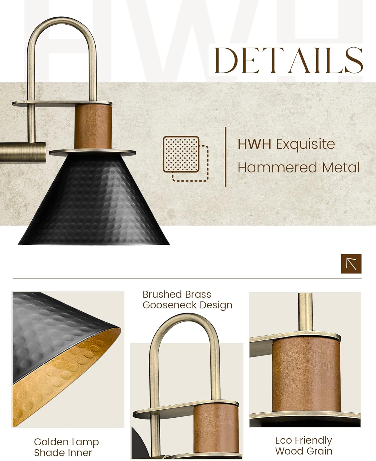 Modern Wall Sconces Set of Two, HWH Industrial Sconce Wall Lighting Indoor Wall Lamp, Gooseneck 1-Light Barn Vanity Light, Hammered Metal Shade, Black and Gold Finish, 5HZG74B-2 BK+BG