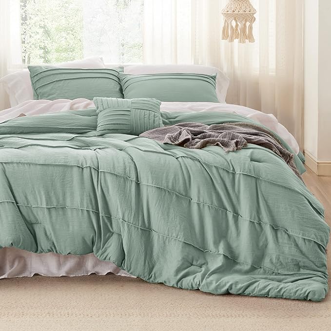 Bedsure King Comforter Set - 4 Pieces Pinch Pleat Bed Set, Sage Green Boho Bedding for All Season, 1 Soft Comforter, 2 Pillowcases, 1 Decorative Pillow