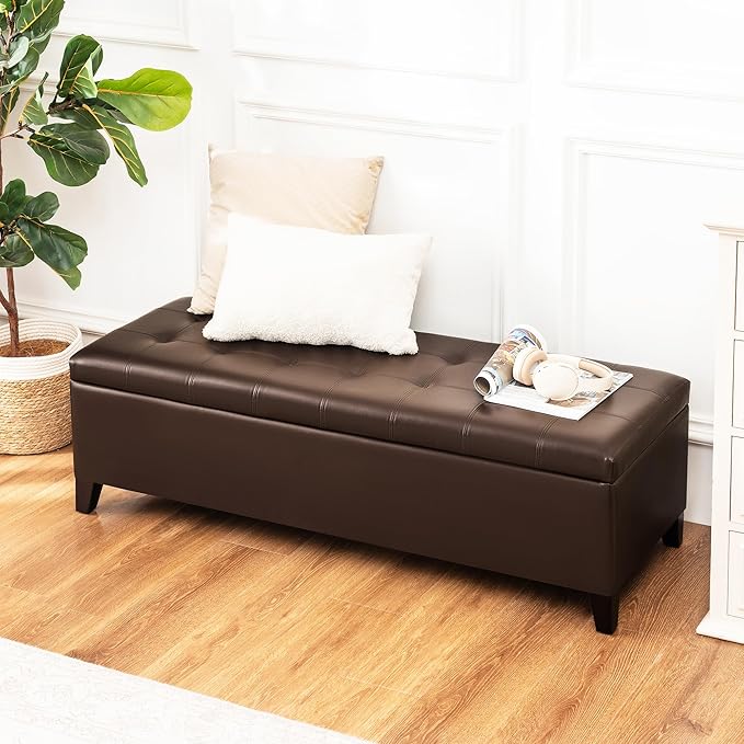 Joveco Storage Ottoman Bench, 51 Inch Leather Tufted Bench for End of Bed, Bedroom, Living Room, Brown