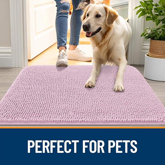 OLANLY Dog Door Mat for Muddy Paws 59x35, Absorbs Moisture and Dirt, Absorbent Non-Slip Washable Doormat, Quick Dry Chenille Mud Mat for Dogs, Entry Indoor Entryway Carpet for Inside Floor, Dusty Rose