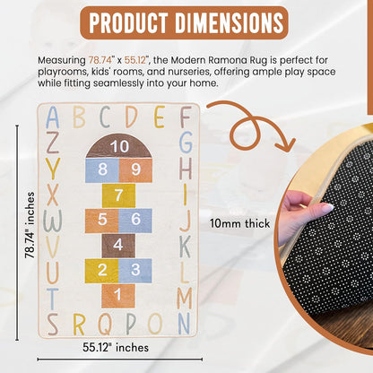 Washable Hopscotch Rug for Kids | Educational ABC & Numbers Carpet for Toddler Playroom or Classroom | 4.6' x 6.5' Non-Slip Play Mat | Neutral Decor