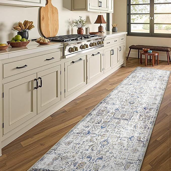 jinchan Kalen Runner Rug 2x10 Washable Hallway Rug Vintage Indoor Thin Retro Floor Cover Floral Country Lightweight Non Slip Carpet for Entryway Bathroom Kitchen Bedroom Living Room Stairway Blue