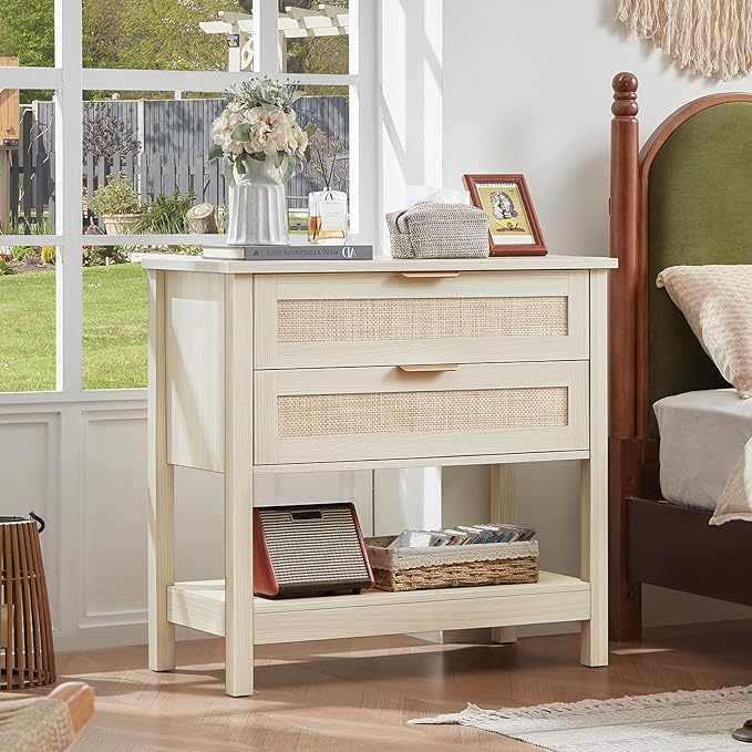 LEYAOYAO 31.5" Wide Rattan Night Stand, Oversized Large Boho Nightstand with 2 Drawer, Grey White Bed Side End Tables with Storage Shelf, Tall Bedside Table for Bedroom Living Room, Hallway
