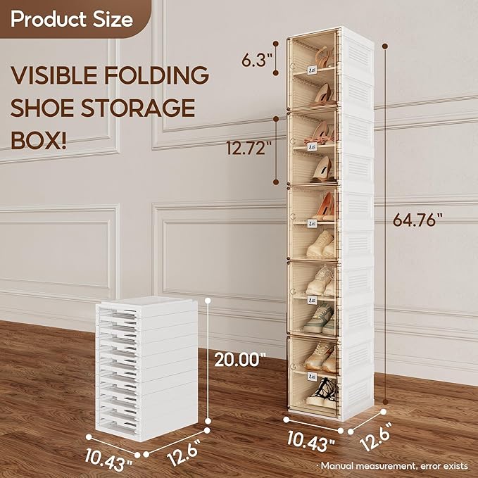 ANTBOX Shoe Organizer Storage Box, Portable Folding Shoe Rack For Closet With Magnetic Clear Door,Large Sneaker Cabinet Bins Sturdy Easy Assembly 10 Layers-10 Grids