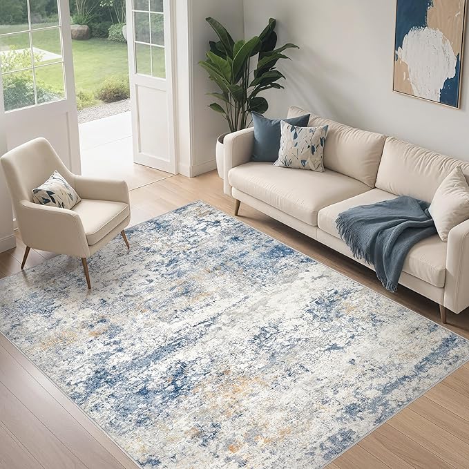 Area Rug Living Room Rugs - 4x6 Abstract Large Soft Indoor Washable Rug Neutral Modern Low Pile Carpet for Bedroom Dining Room Farmhouse Home Office - Blue