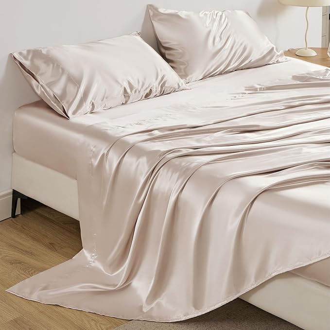 Bedsure Satin Sheets Queen Size - 4 Piece Silky Bedsheets with 15 Inches Deep Pocket Fitted Bedsheet,1 Flat Sheet, 2 Satin Pillowcases, Good for Hair & Skin (Queen, Beige)