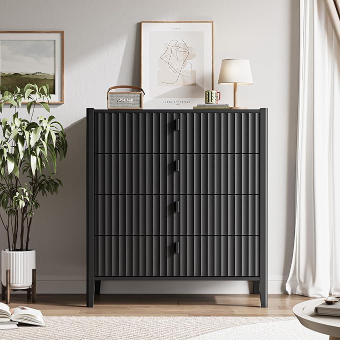 4 Drawer Dresser, Modern Chest of Drawers for Bedroom, Wood Fluted Dresser Organizer with Deep Drawers for Clothes, Nightstand for Bedroom, Hallway, Living Room, Entryway, Black