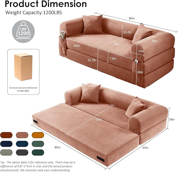 80" Convertible Sofa Bed, 3-in-1 Corduroy Folding Pull Out Couch with Pillows, No Assembly Modern Boneless Couch Compression Sofa in Box, Floor Sofa with Side Storage Pocket for Living Room,Pink